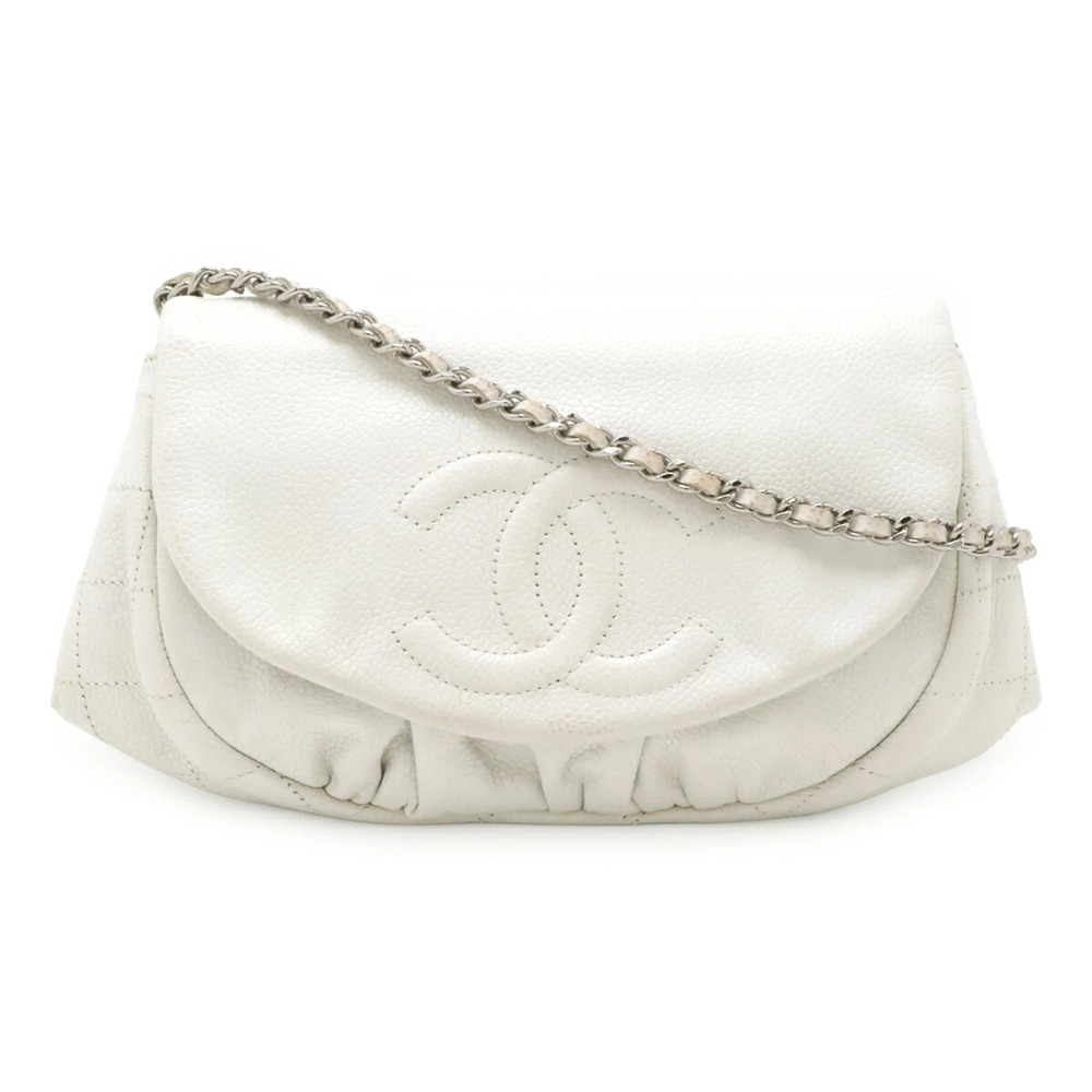 CHANEL Half Moon Coco Mark Wallet Chain Shoulder Bag Pouch Caviar Leather Whi...